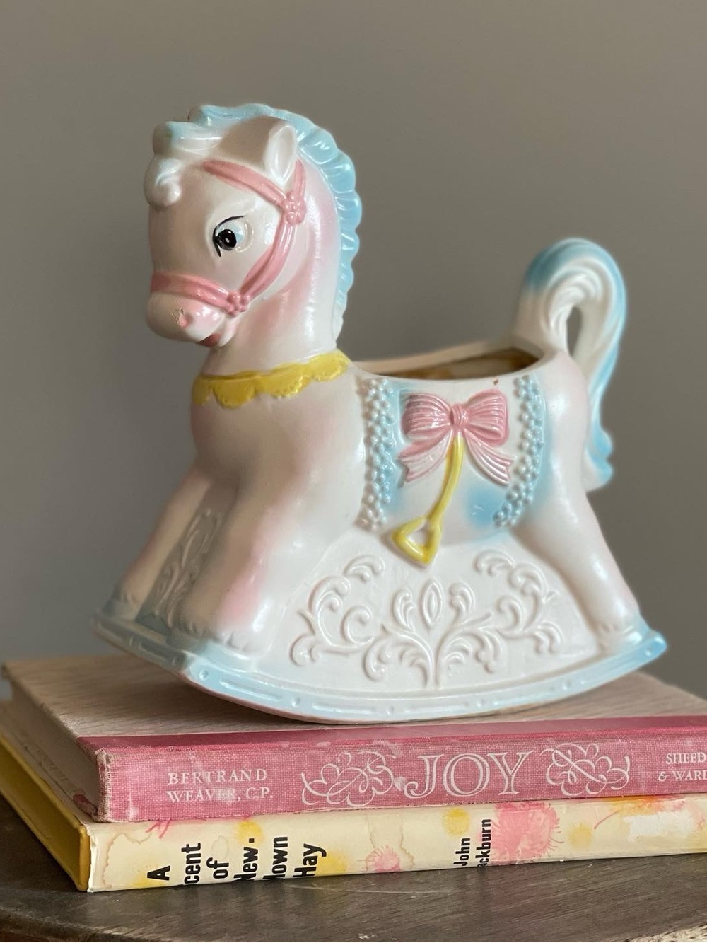 Vintage Ruben Pastel Pink & Blue Ceramic Rocking Horse Planter - Mid Century